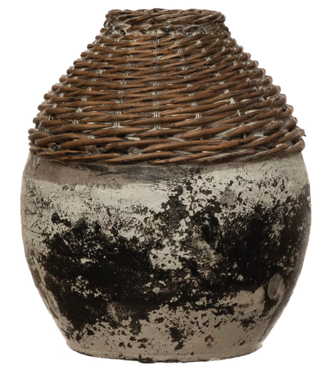 Distressed Hand-Woven Rattan and Clay Vase – Halo Home