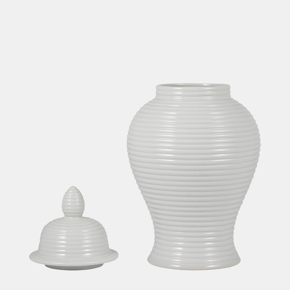 Ceramic Ribbed Temple Jar, White