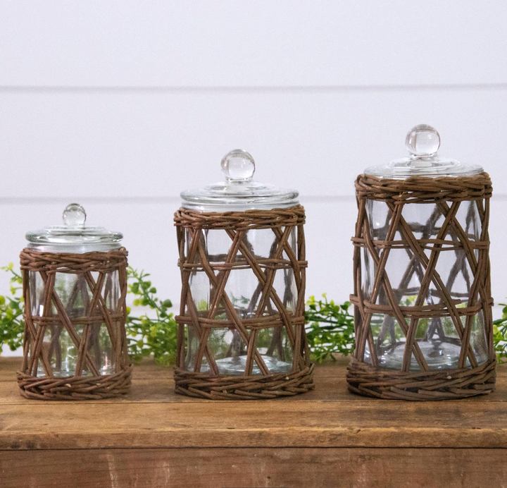 Wicker Wrapped Glass Canister