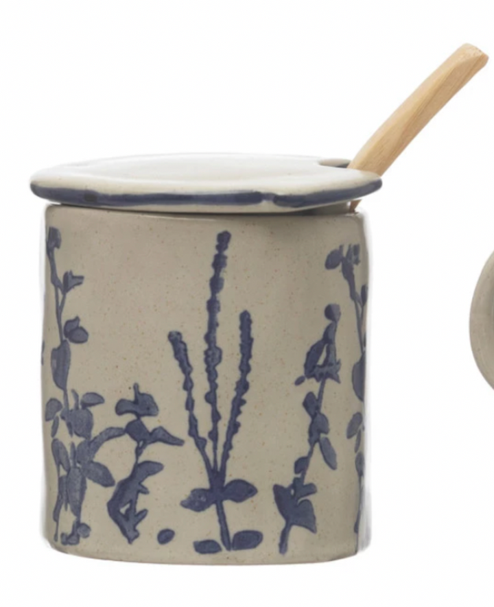 Hand-Stamped Stoneware Sugar Pot w/ Lid, Wood Spoon & 5 oz. Creamer