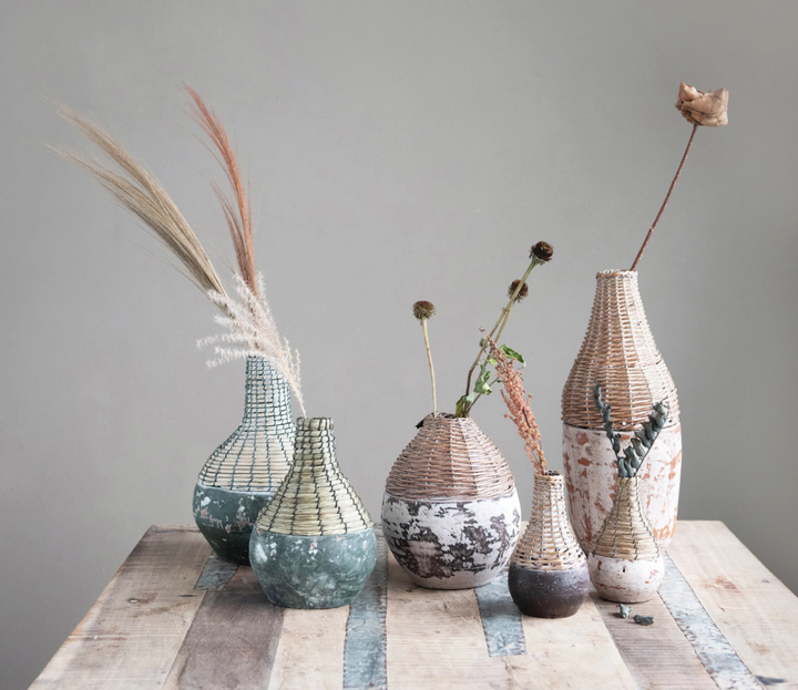 Distressed Hand-Woven Rattan and Clay Vase