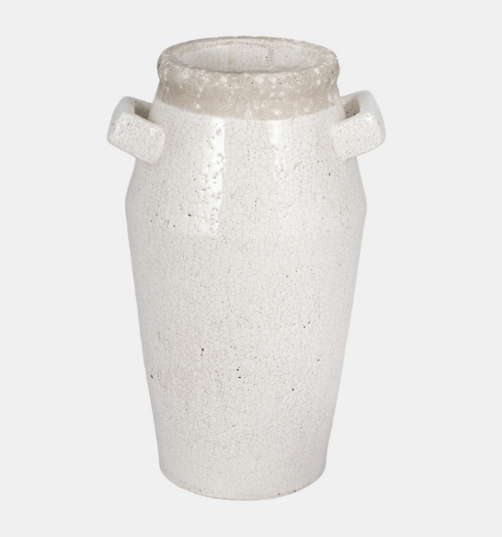 White Squared Handle Terracotta Crackle Vase