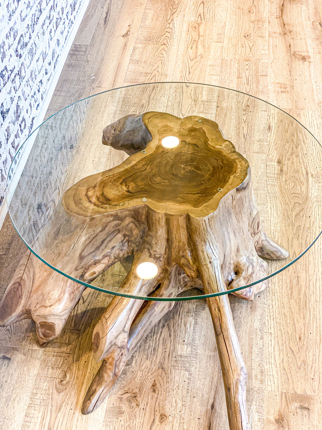 Reclaimed Wood Tree Trunk Glass Coffee Table