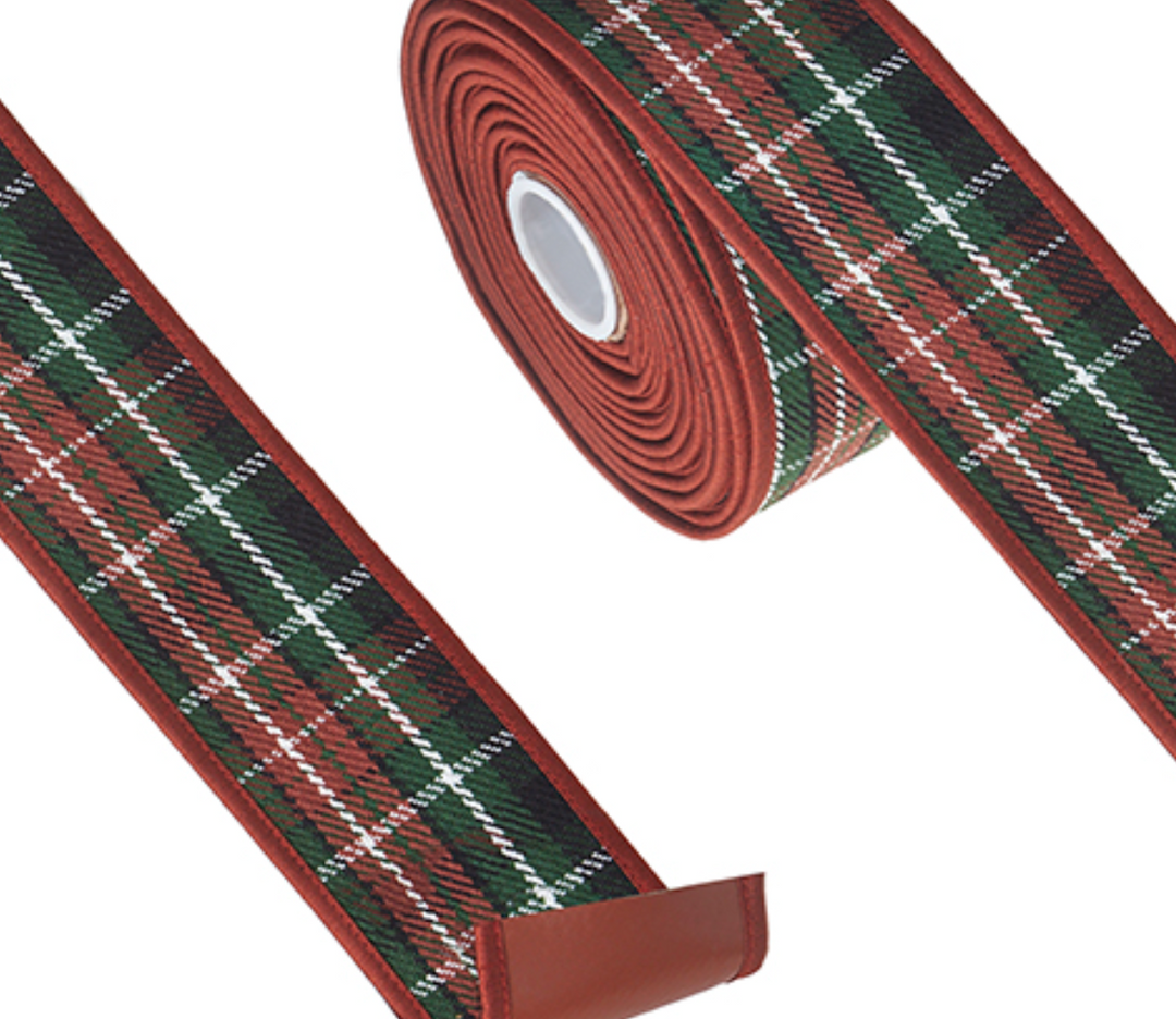 2.5" X 10 YDS PLAID WITH FAUX LEATHER WIRED RIBBON